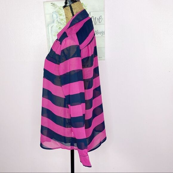 Banana Republic Sheer Rugby Stripe Button Front Shirt Small Pink Black - Picture 3 of 9